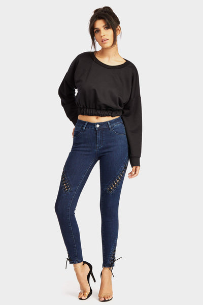 Denim Jeans With Lace Up Detail Near Thigh And Tip Of Leg