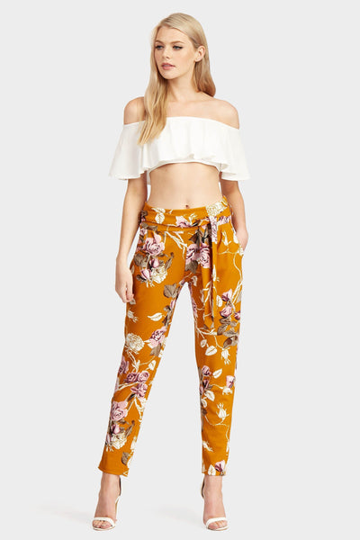 Mustard Floral Paper Belt Trousers