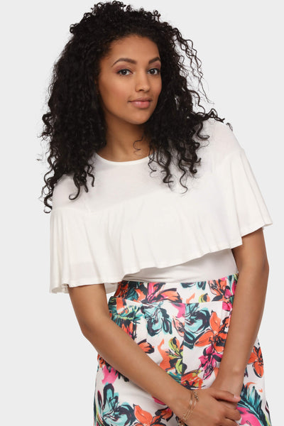 Cream Crew Neck Ruffle Top