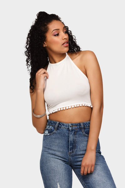Cream Halter Neck Crop Top With Tassels