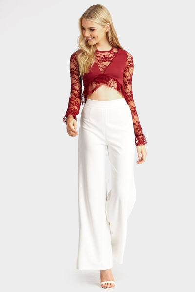 Wine Lace Mesh Waistcoat Panel Frill Top