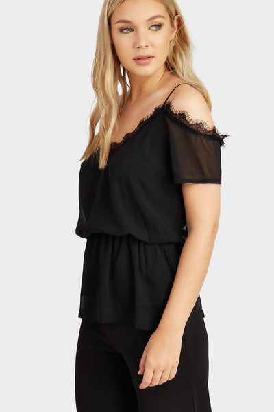 Black Lace Trim Off Shoulder Vest Top