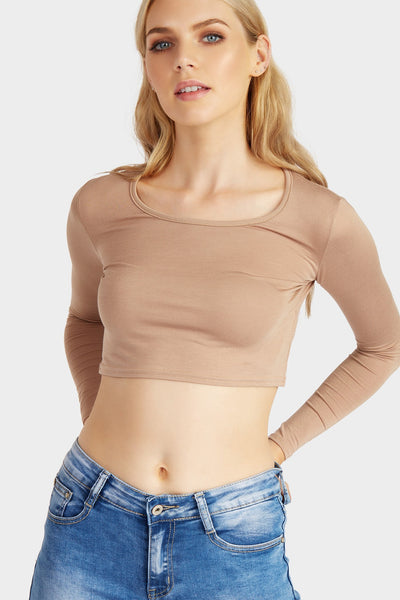 Shell Brown Long Sleeve Basic Crop Top