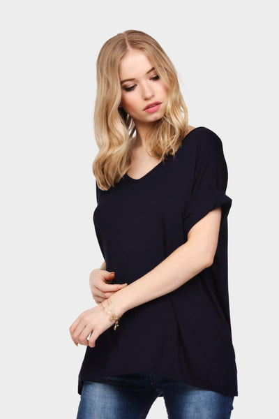 Navy Loose Fit V Neck Top