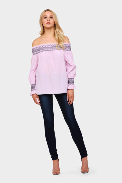 Pink Stripe Off Shoulder Embroidered Top