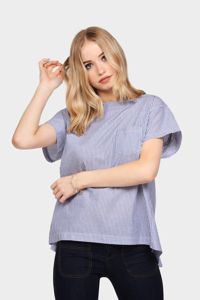 Denim Blue Stripe Short Sleeve Lace Up Back Top
