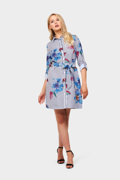 White Stripe And Floral Print Shirt Dress