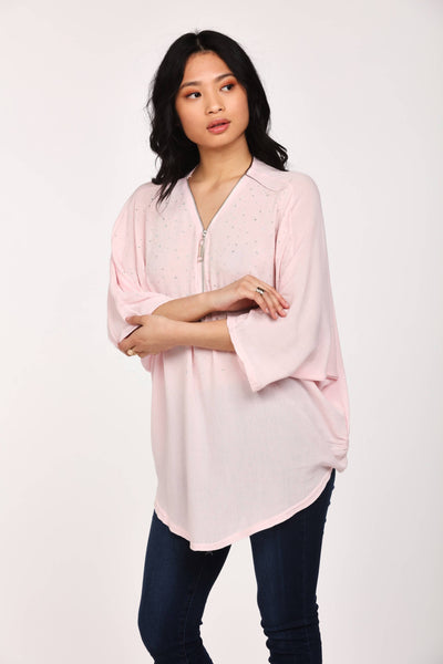 Pink Diamante Zip Neck Tunic