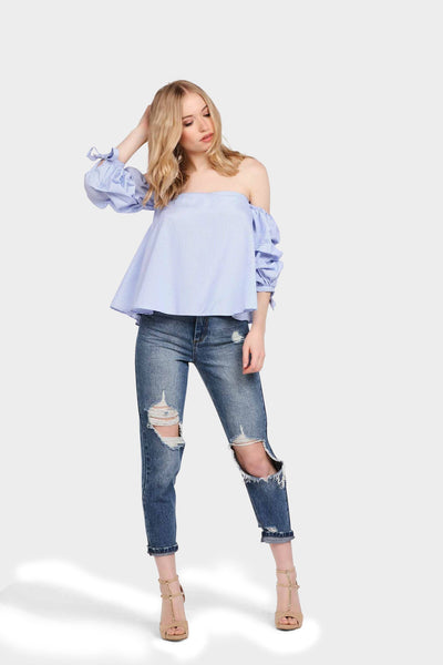 Blue/White Stripe Bardot Top With Ruffle Tie Sleeves