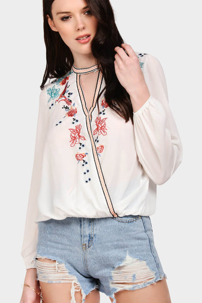 Cream Embroidered Wrap Front Blouse