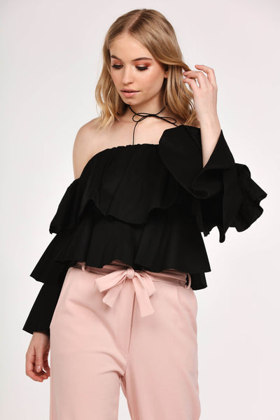 Black Ruffle Bardot Top