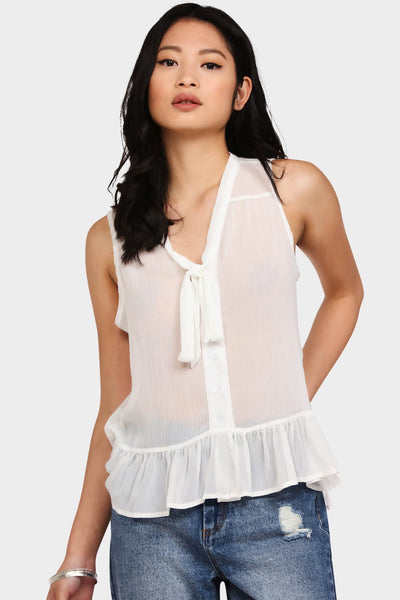 White Sleeveless Pussy Bow Top