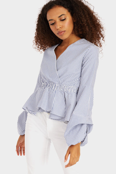 Navy/White Stripe Wrap Top With Puff Bell Sleeve
