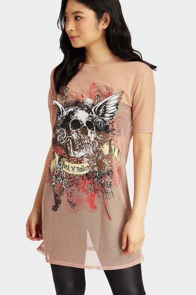 Rose Printed Mesh Soft Sleeve T-Shirt