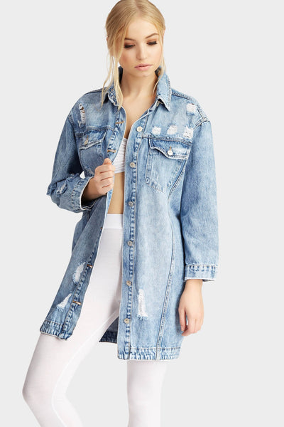 Light Blue Denim Long Ripped Jacket