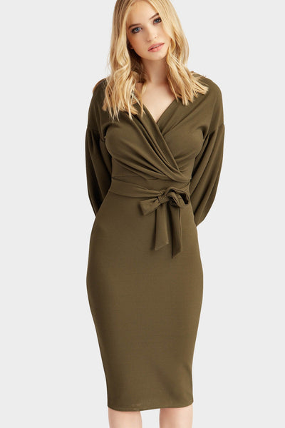 Khaki Wrap Top Midi Dress