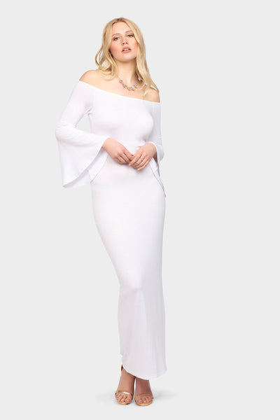 Cream Off Shoulder Bell Sleeve Maxi Dress