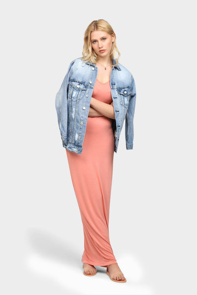 Salmon V Neck Maxi Dress