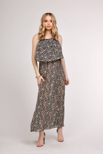 Navy Floral Print High Neck Maxi Dress
