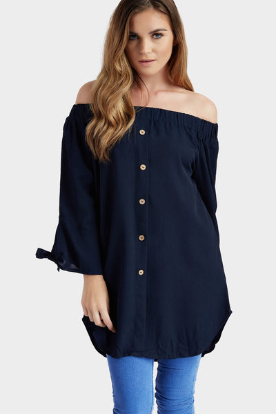 Navy Button Front Bardot