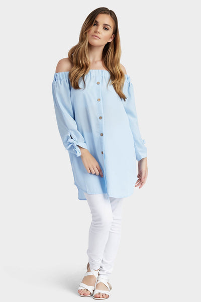 Blue Button Front Bardot Shirt