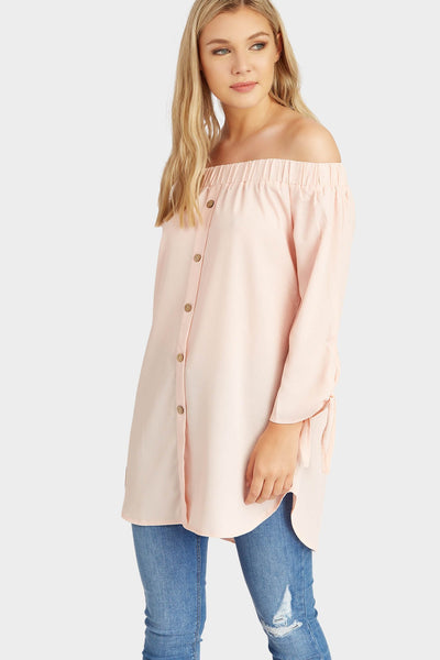 Peach Button Front Bardot With Tie Sleeves