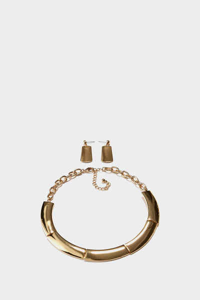 Gold Metal Collar Chain Necklace And Earring Set