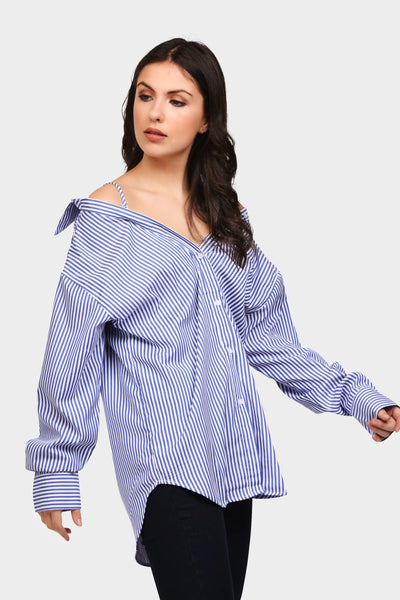 Navy Striped Off Shoulder Shirt With Straps
