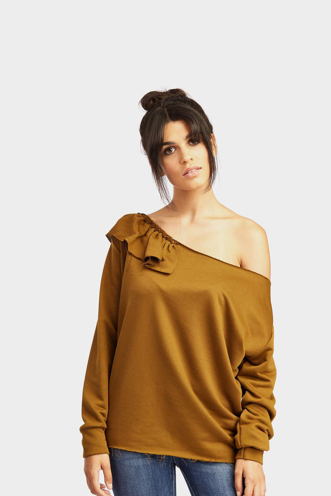 Olive Frill Detail One Shoulder Sweat Top