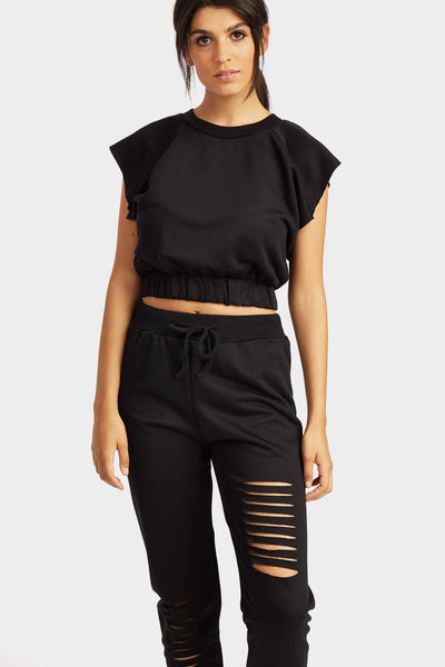 Black Sleeveless Cropped Elasticated Hem Sweat Top