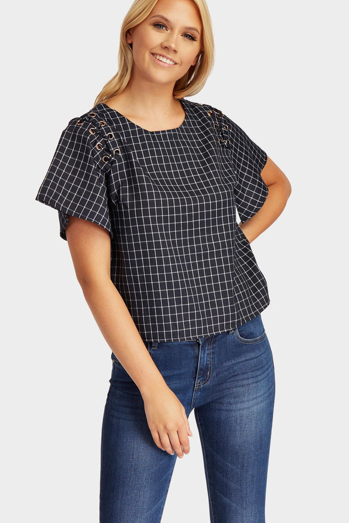 Navy Checked Lace Up Detail Top
