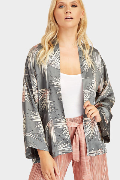 Grey Leaf Print Long Sleeve Kimono