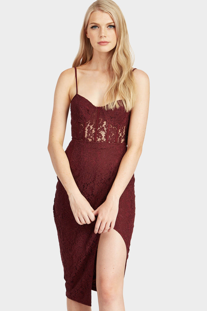 Burgundy Long Lace Midi Dress With A Split