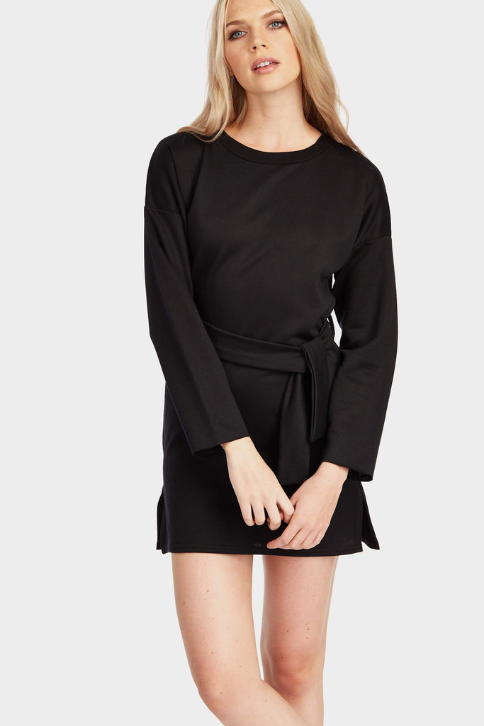 Black Longline Sweat Top With Tie Waist