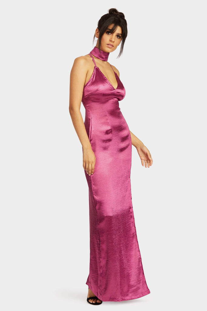 Plum Long Satin Choker Maxi Dress
