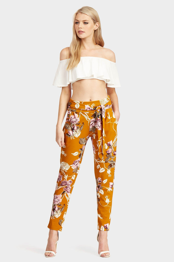 Mustard Floral Paper Belt Trousers