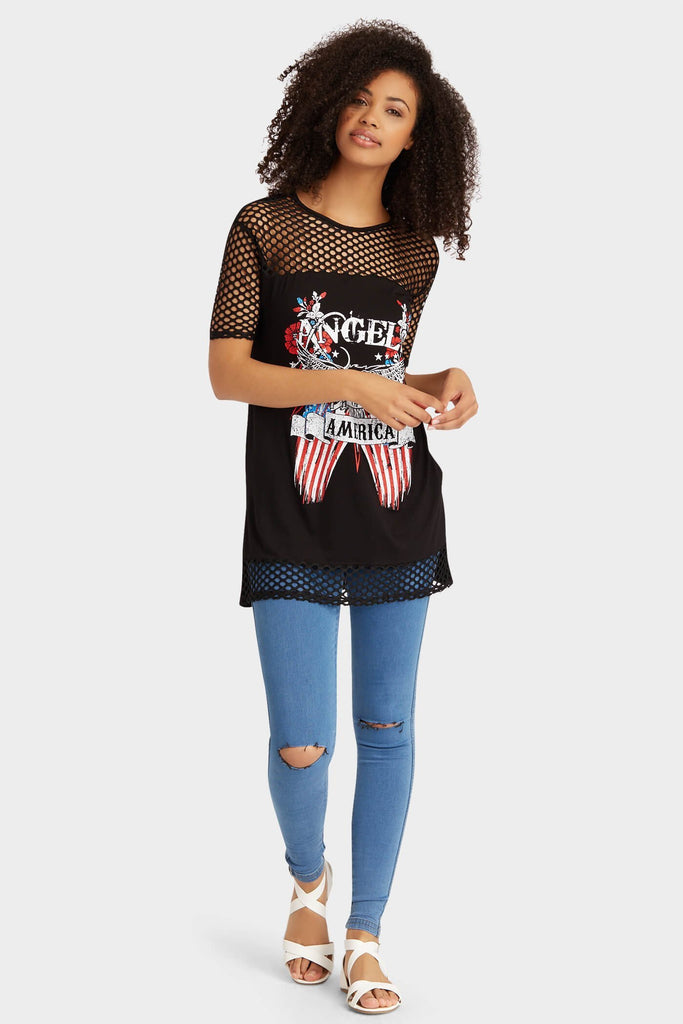 Black American Printed Fishnet T-Shirt