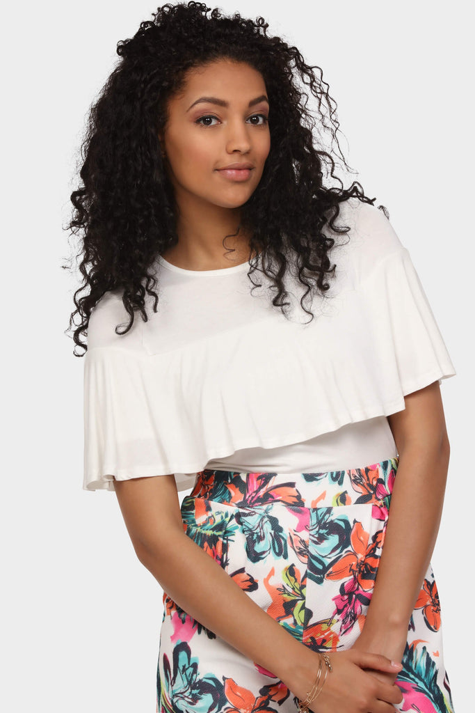 Cream Crew Neck Ruffle Top