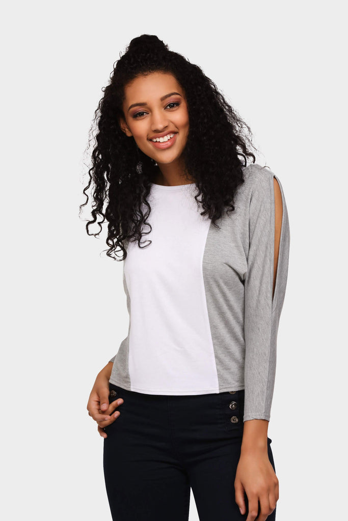 Greymarl Split Sleeve Colour Block Top