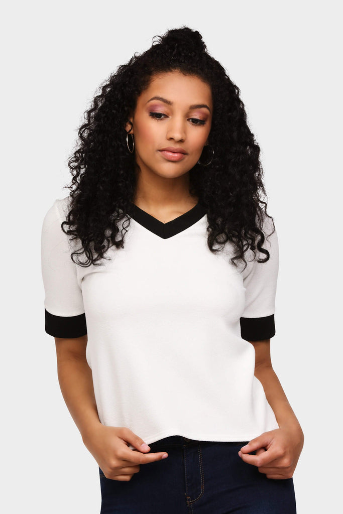 Cream Contrast Trim V Neck Top