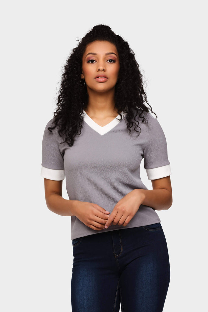 Greymarl Contrast Trim V Neck Top