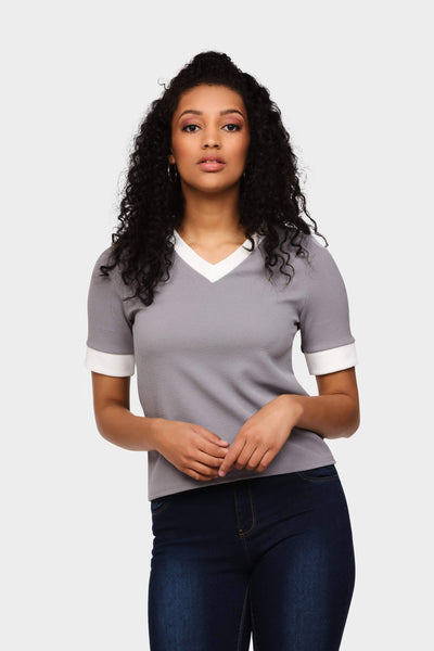 Greymarl Contrast Trim V Neck Top