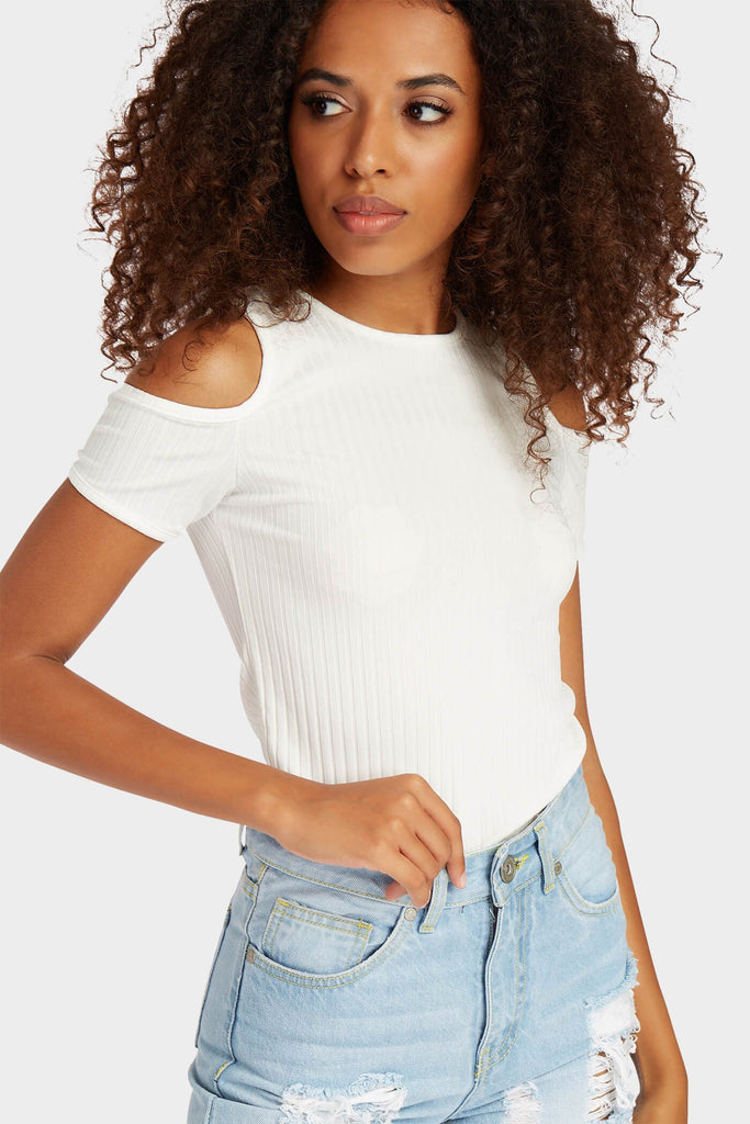 Cream Cut Out Shoulder Short Sleeve Top