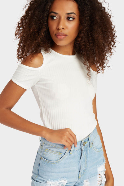 Cream Cut Out Shoulder Short Sleeve Top
