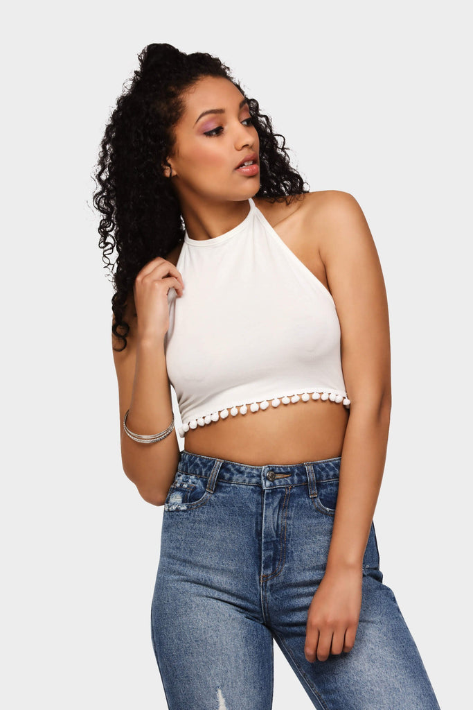 Cream Halter Neck Crop Top With Tassels