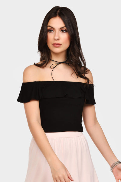 Black Frilly Off Shoulder Bardot Top