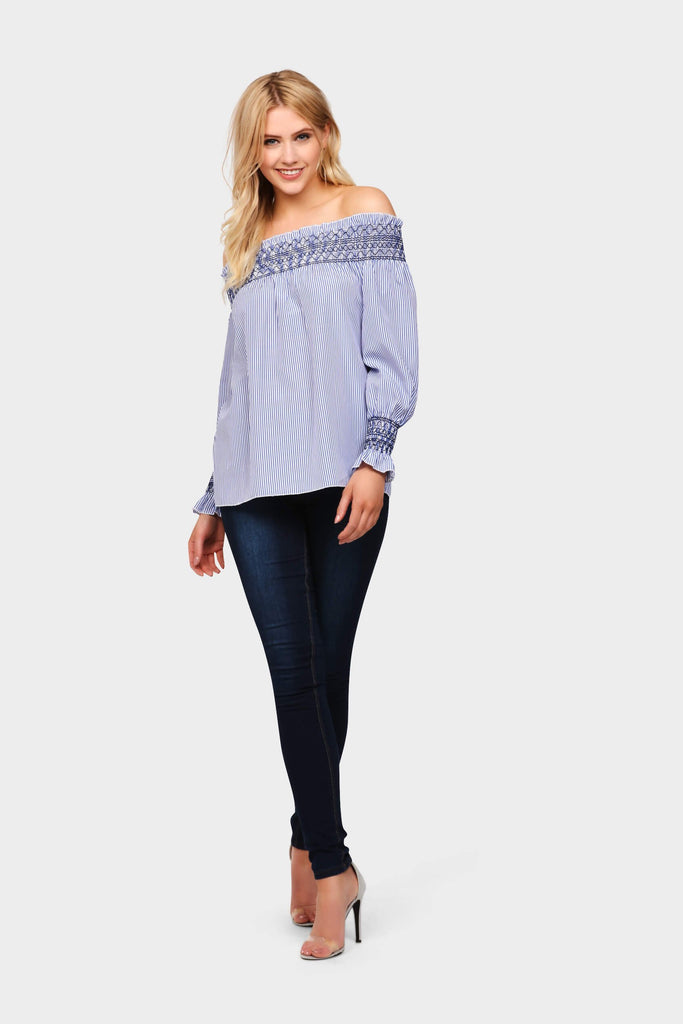 Dark Blue Stripe Off Shoulder Embroidered Top