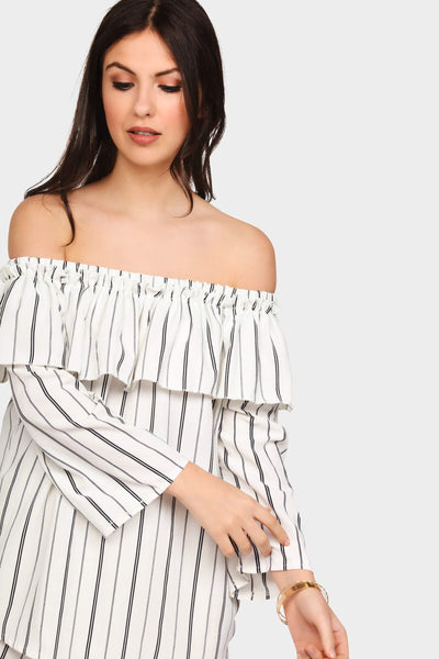 Cream Stripe Bardot Frill Top