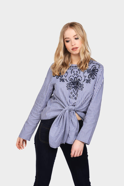 Navy/White Striped Embroidered Tie Up Top