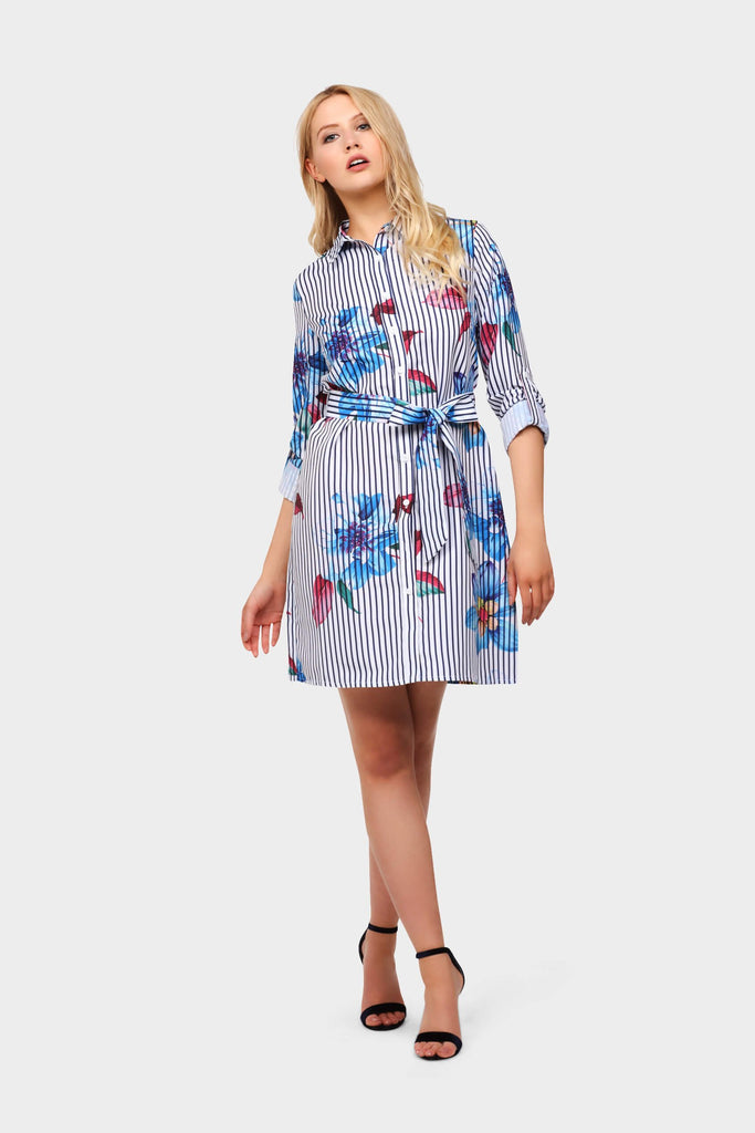 White Stripe And Floral Print Shirt Dress
